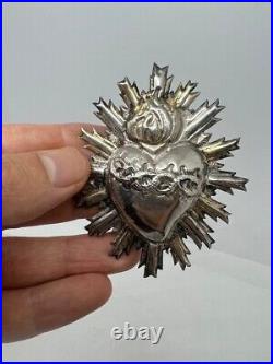 Antique Old Religious Sterling Silver Sacred Heart Italy Late 19th Century