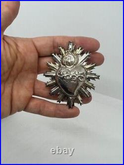 Antique Old Religious Sterling Silver Sacred Heart Italy Late 19th Century