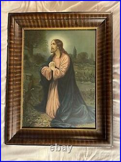 Antique Original Framed Tin Litho Jesus Praying Religious Art metal lithograph