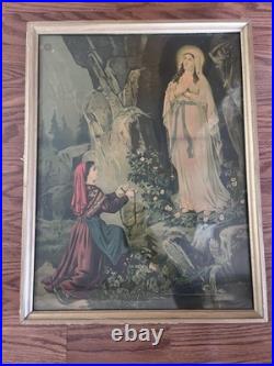 Antique Our Lady Of Lourdes German Lithograph Original Glass And Frame