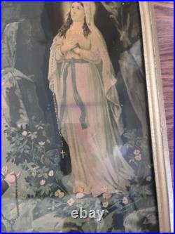 Antique Our Lady Of Lourdes German Lithograph Original Glass And Frame