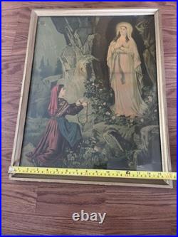 Antique Our Lady Of Lourdes German Lithograph Original Glass And Frame