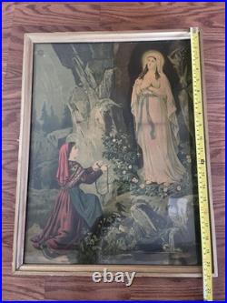 Antique Our Lady Of Lourdes German Lithograph Original Glass And Frame