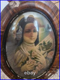 Antique Oval Convex Religious Print Double-Sided St Therese & Madonna Framed