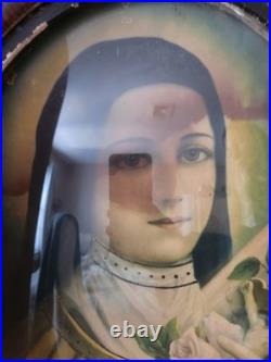 Antique Oval Convex Religious Print Double-Sided St Therese & Madonna Framed