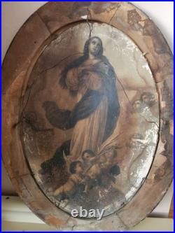 Antique Oval Convex Religious Print Double-Sided St Therese & Madonna Framed