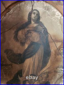 Antique Oval Convex Religious Print Double-Sided St Therese & Madonna Framed