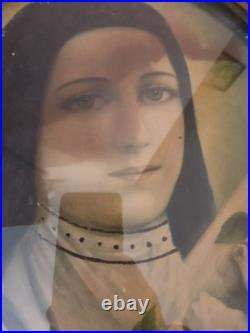 Antique Oval Convex Religious Print Double-Sided St Therese & Madonna Framed