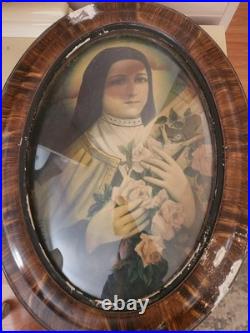 Antique Oval Convex Religious Print Double-Sided St Therese & Madonna Framed
