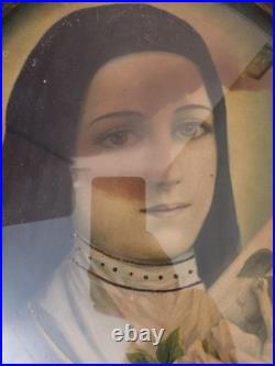 Antique Oval Convex Religious Print Double-Sided St Therese & Madonna Framed