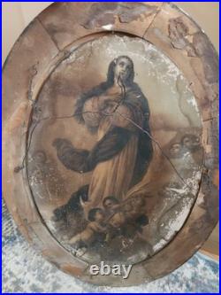 Antique Oval Convex Religious Print Double-Sided St Therese & Madonna Framed