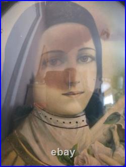 Antique Oval Convex Religious Print Double-Sided St Therese & Madonna Framed