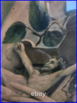 Antique Oval Convex Religious Print Double-Sided St Therese & Madonna Framed