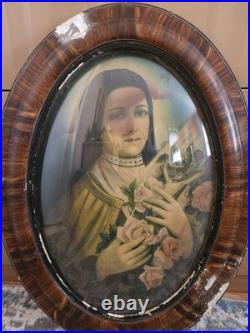 Antique Oval Convex Religious Print Double-Sided St Therese & Madonna Framed