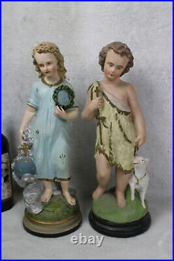 Antique PAIR French Religious chalkware statue jesus john baptist Figurine rare