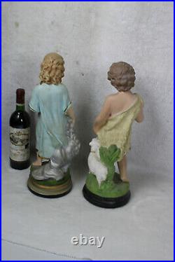 Antique PAIR French Religious chalkware statue jesus john baptist Figurine rare
