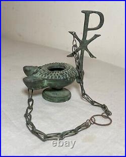 Antique PYX Byzantine religious cast bronze dual spout hanging oil lamp