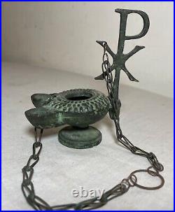 Antique PYX Byzantine religious cast bronze dual spout hanging oil lamp