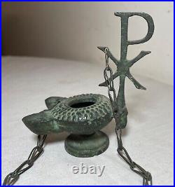 Antique PYX Byzantine religious cast bronze dual spout hanging oil lamp