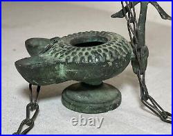 Antique PYX Byzantine religious cast bronze dual spout hanging oil lamp