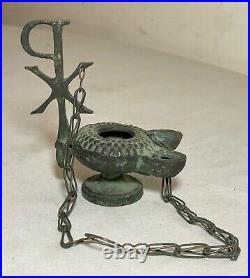 Antique PYX Byzantine religious cast bronze dual spout hanging oil lamp