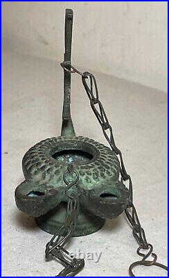 Antique PYX Byzantine religious cast bronze dual spout hanging oil lamp