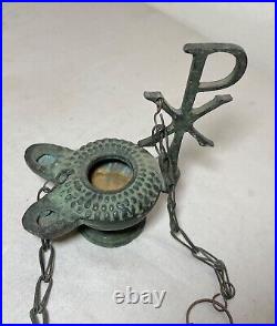 Antique PYX Byzantine religious cast bronze dual spout hanging oil lamp