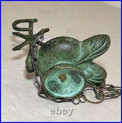 Antique PYX Byzantine religious cast bronze dual spout hanging oil lamp