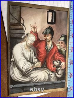 Antique Painted Vellum Religious Print Jesus Christ Mocked 1700's
