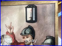 Antique Painted Vellum Religious Print Jesus Christ Mocked 1700's