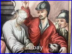 Antique Painted Vellum Religious Print Jesus Christ Mocked 1700's