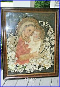 Antique Painting Metallic & Silk Embroidery Silk Handmade Textile Art Madonna