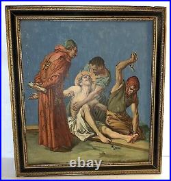 Antique Painting Oil/Board 11th Station of the Cross Jesus Nailed to the Cross