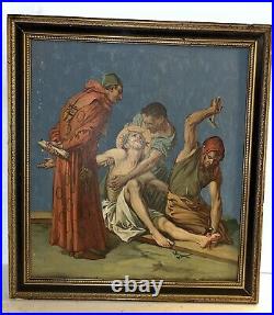 Antique Painting Oil/Board 11th Station of the Cross Jesus Nailed to the Cross