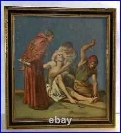 Antique Painting Oil/Board 11th Station of the Cross Jesus Nailed to the Cross