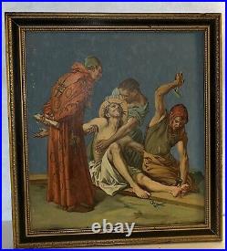 Antique Painting Oil/Board 11th Station of the Cross Jesus Nailed to the Cross