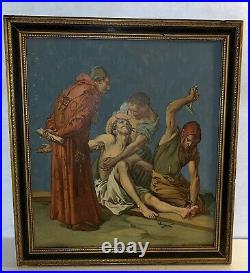 Antique Painting Oil/Board 11th Station of the Cross Jesus Nailed to the Cross