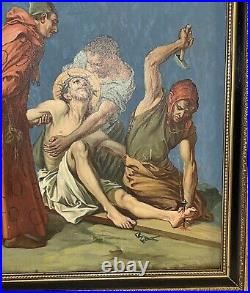 Antique Painting Oil/Board 11th Station of the Cross Jesus Nailed to the Cross