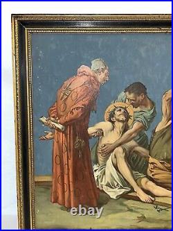 Antique Painting Oil/Board 11th Station of the Cross Jesus Nailed to the Cross