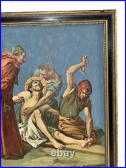 Antique Painting Oil/Board 11th Station of the Cross Jesus Nailed to the Cross