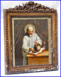 Antique Painting Oil Saint Bruno Catholic Christian Skull Frame Art Rare Old 18c