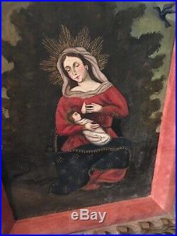 Antique Painting On Canvas Mary Jesus Religious Carved Frame Stunning