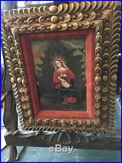 Antique Painting On Canvas Mary Jesus Religious Carved Frame Stunning