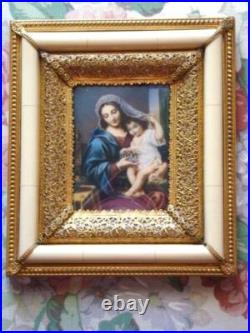 Antique Painting Religious MADONNA & Child, Ornate Filigree Frame, Italy