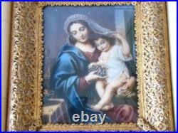 Antique Painting Religious MADONNA & Child, Ornate Filigree Frame, Italy