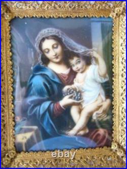 Antique Painting Religious MADONNA & Child, Ornate Filigree Frame, Italy