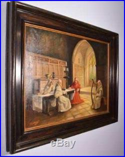 Antique Painting of a Gothic Monastery Interior with Monks & Harp Player