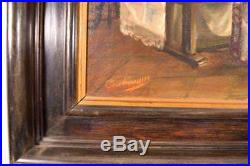 Antique Painting of a Gothic Monastery Interior with Monks & Harp Player