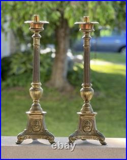 Antique Pair Brass Candlesticks with Religious Motif Jesus Altar 21