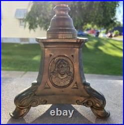 Antique Pair Brass Candlesticks with Religious Motif Jesus Altar 21